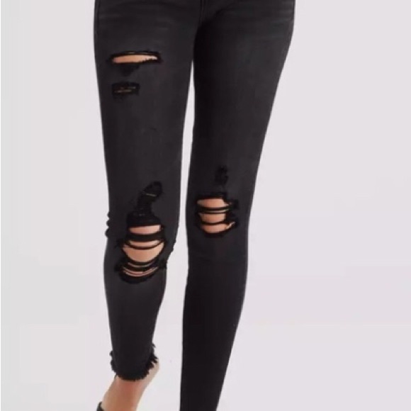 AE DISTRESSED BLACK WASHED OUT JEANS SUPER STRETCH X4 RAW HEM - Picture 3 of 14